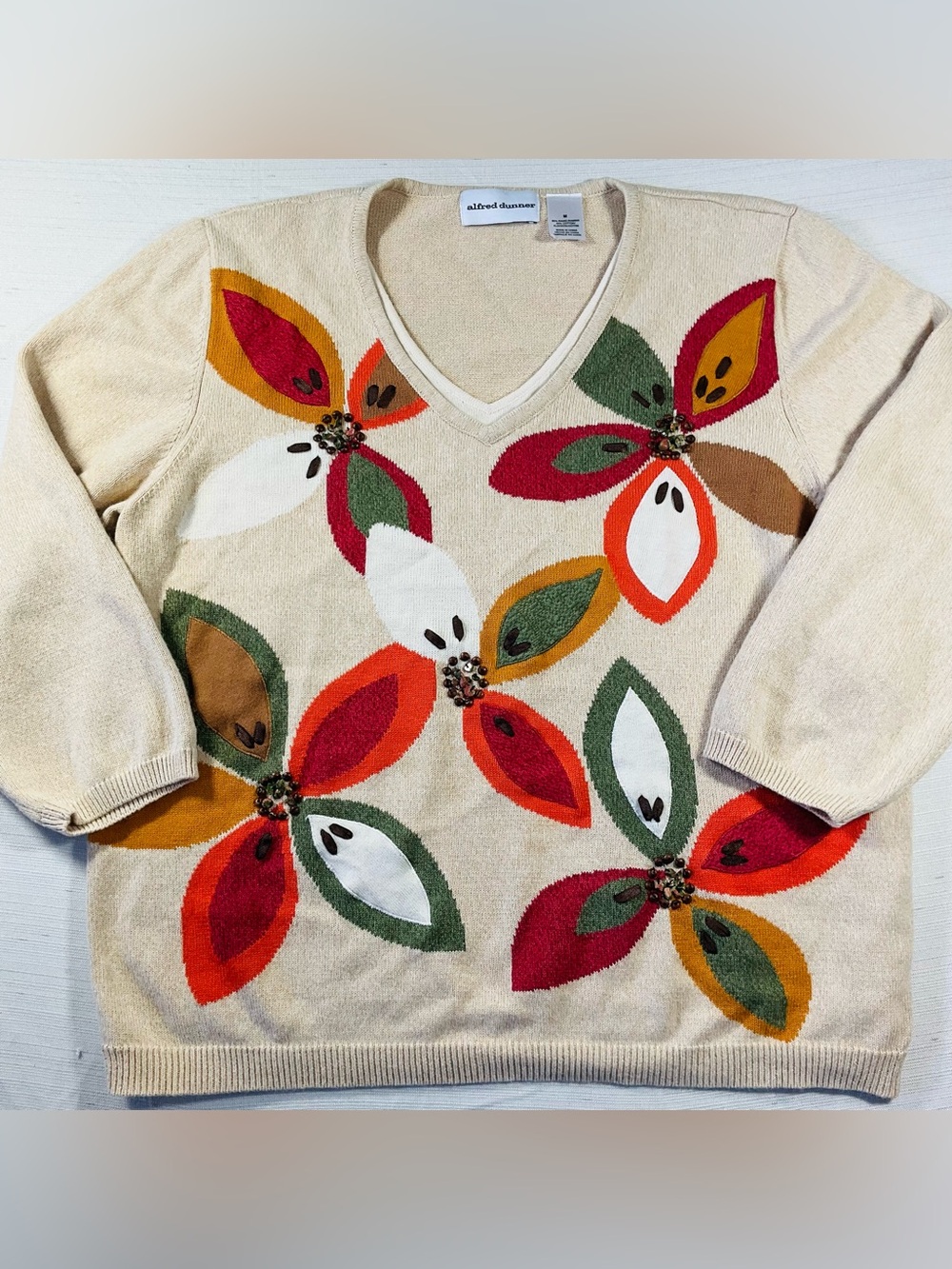 Alfred Dunner Cream Fall Color Floral Beaded V-Neck Sweater Ramie Cotton Mix